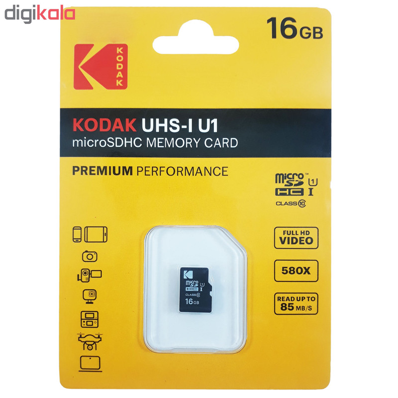 کارت حافظه microSDHC کداک مدل Premium Performance کلاس 10 استاندارد UHS-I U1 سرعت 85MBps ظرفیت 16 گیگابایت