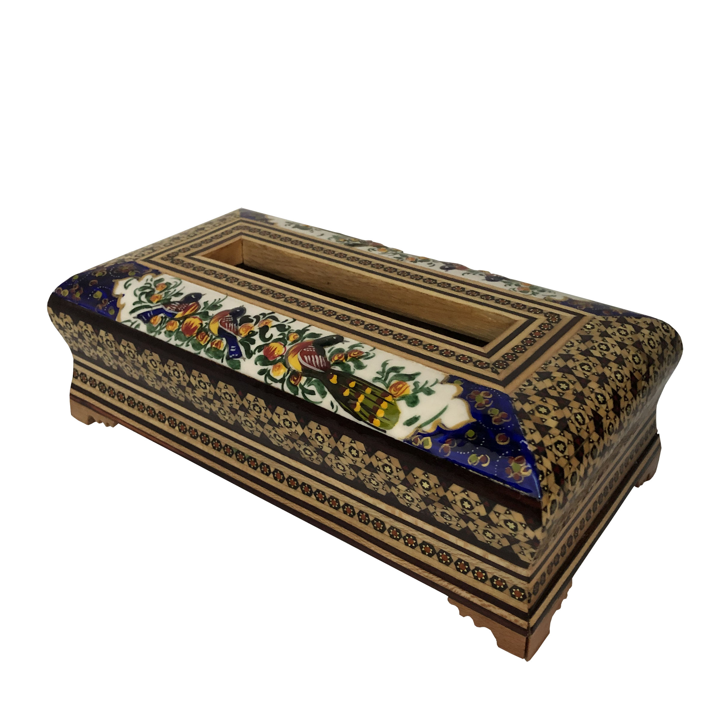 جعبه دستمال کاغذی خاتم کاری طرح گل و مرغ کد 012-127