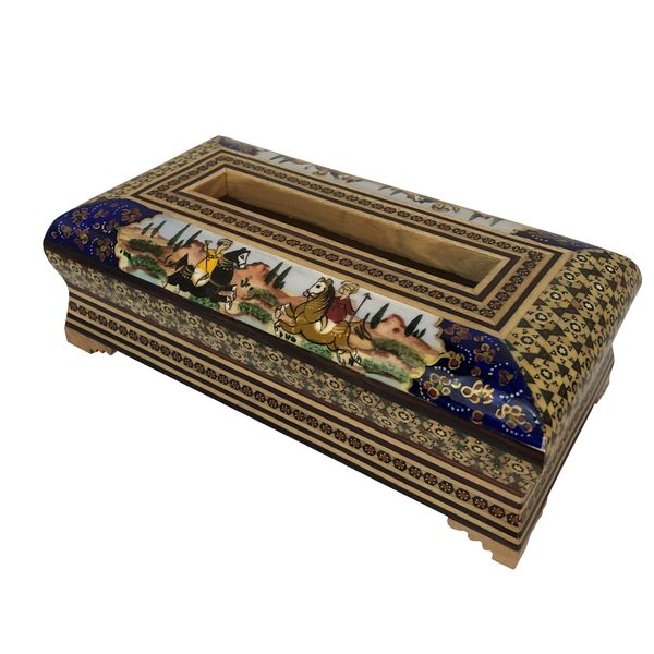جعبه دستمال کاغذی خاتم کاری طرح شکار کد 012-128 جعبه دستمال کاغذی خاتم کاری طرح شکار کد 012-128