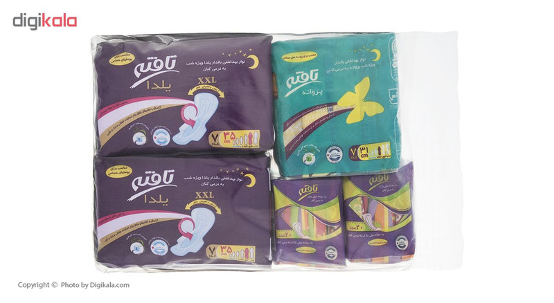 نوار بهداشتی تافته مدل یلدا و پروانه سه بسته 7 عددی به همراه پد روزانه مدل Ultra Thin دو بسته 20 عددی نوار بهداشتی تافته مدل یلدا و پروانه سه بسته 7 عددی به همراه پد روزانه مدل Ultra Thin دو بسته 20 عددی