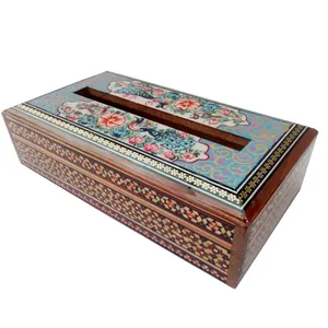 جعبه دستمال کاغذی خاتم کاری طرح گل و مرغ مدل گلسار کد 1141