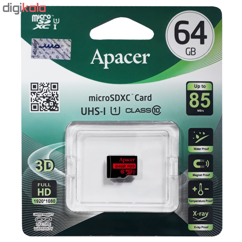 کارت حافظه microSDXC اپیسر مدل AP64G کلاس 10 استاندارد UHS-I U1 سرعت 85MBps ظرفیت 64 گیگابایت