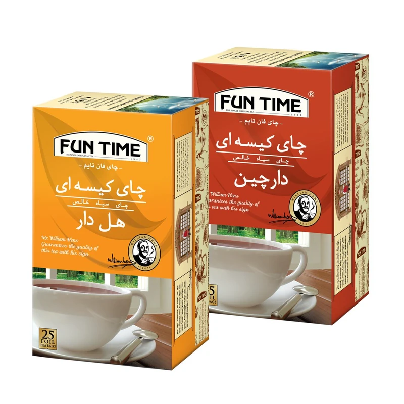 چای کیسه ای هل دار فان تایم بسته 25 عددی به همراه چای کیسه ای با طعم دارچین