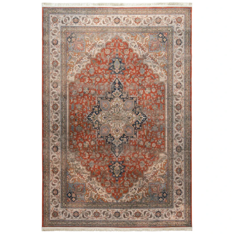 فرش ماشینی محتشم طرح کهنه نما کد 100625 زمینه لاکی