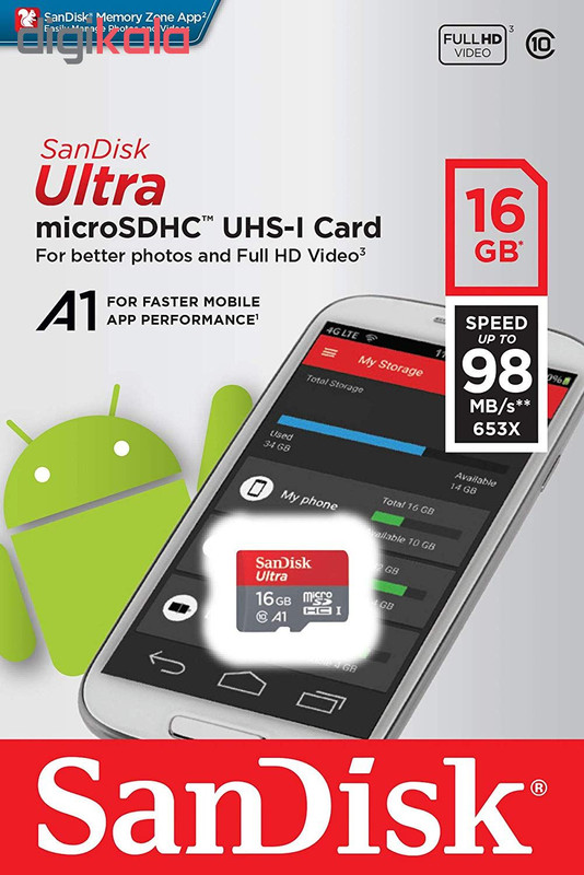 کارت حافظه‌ microSDHC سن دیسک مدل A1 کلاس 10 استاندارد UHS-I سرعت 98MBps ظرفیت 16 گیگابایت
