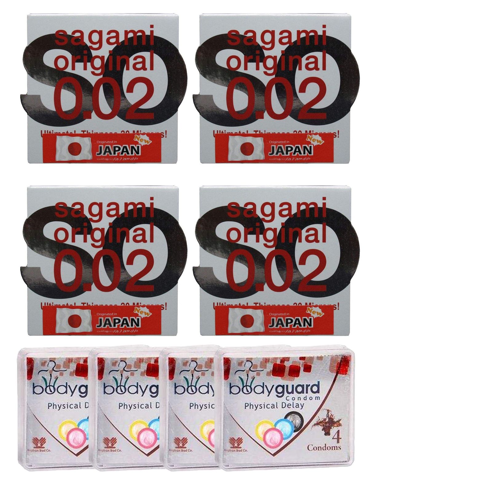 کاندوم ساگامی مدل نرمال مجموعه 4 عددی به همراه کاندوم بادی گارد مدل Delay مجموعه 4 عددی