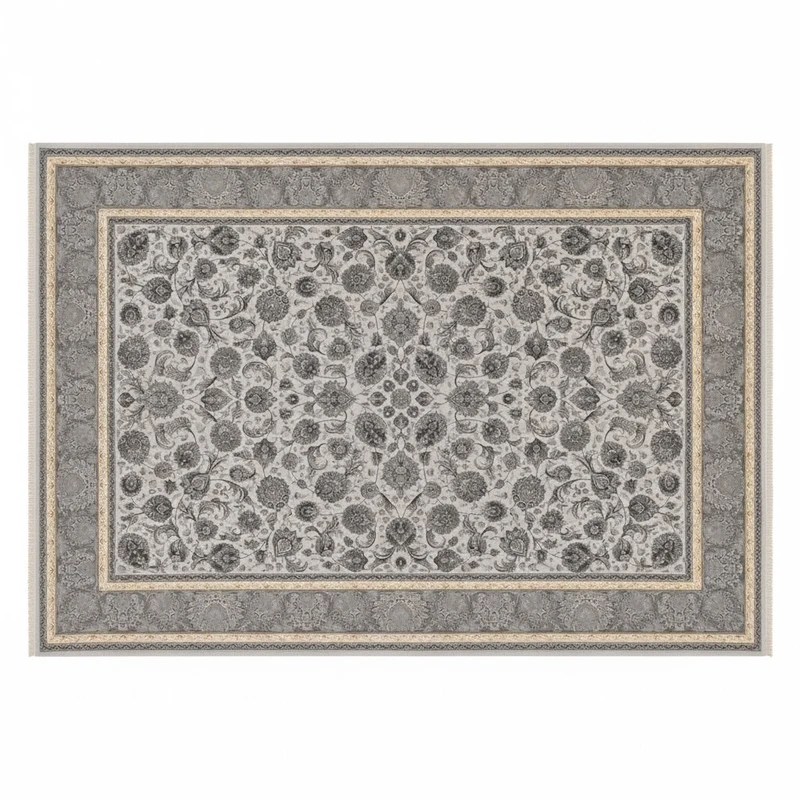 فرش ماشینی 1200 شانه زمینه فیلی حاشیه طوسی مدل افشان نئوکلاسیک اکریلیک