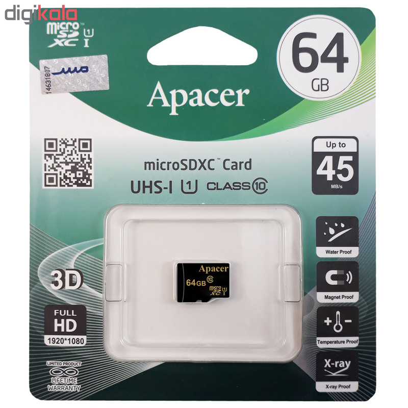 کارت حافظه microSDXC اپیسر مدل AP64GA کلاس 10 استاندارد UHS-I U1 سرعت 45MBps ظرفیت 64 گیگابایت