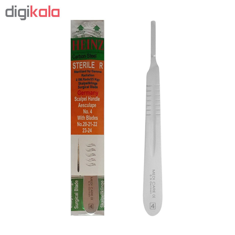 دسته تیغ جراحی مدی کر مدل MH63 شماره 4 به همراه تیغ استریل هاینز کد SKJQ002369 بسته 5 عددی