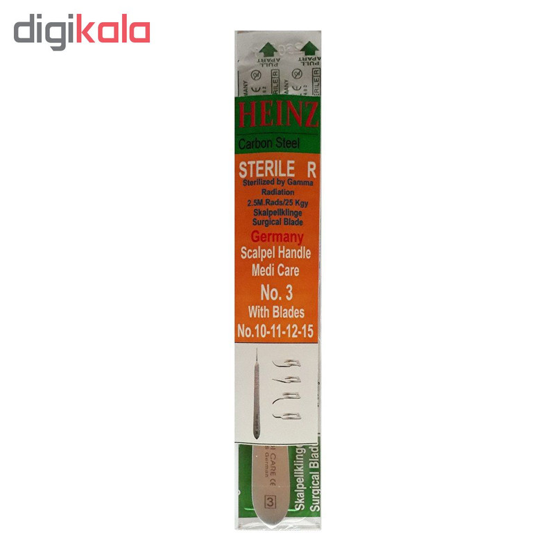 دسته تیغ جراحی مدی کر مدل MKQ64 شماره 3 به همراه تیغ استریل هاینز کد SKJQ02369 بسته 4 عددی