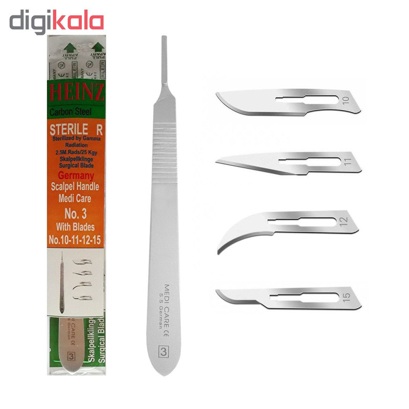 دسته تیغ جراحی مدی کر مدل MKQ64 شماره 3 به همراه تیغ استریل هاینز کد SKJQ02369 بسته 4 عددی