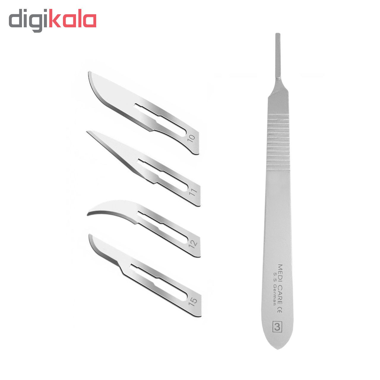 دسته تیغ جراحی مدی کر مدل MKQ64 شماره 3 به همراه تیغ استریل هاینز کد SKJQ02369 بسته 4 عددی