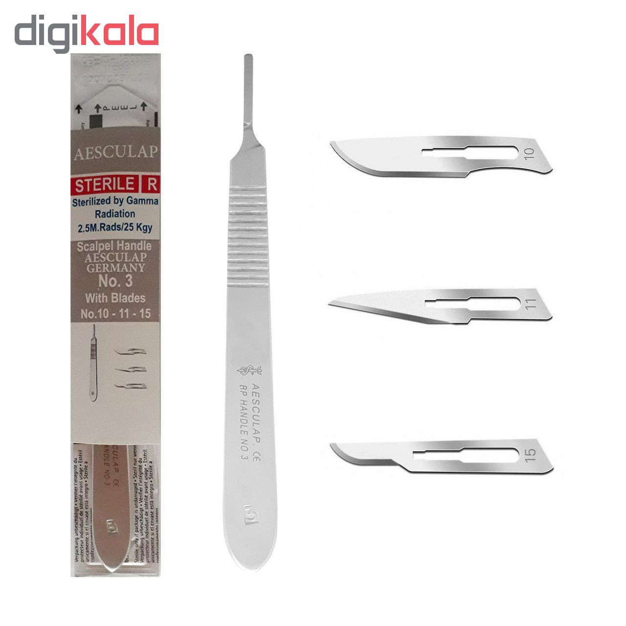 دسته تیغ جراحی اسکولاپ شماره 3 به همراه تیغ استریل اسکولاپ مدل SKJ0069 بسته 3 عددی