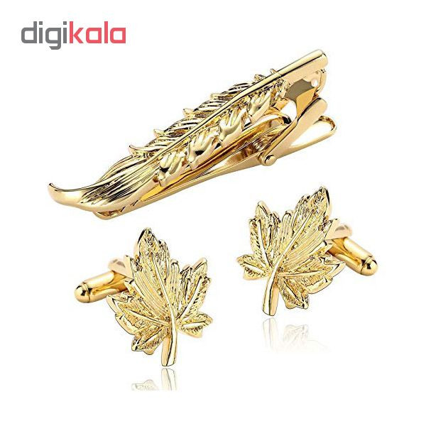 ست دکمه سردست و گیره کراوات مردانه زرکات طرح برگ ست دکمه سردست و گیره کراوات مردانه زرکات طرح برگ