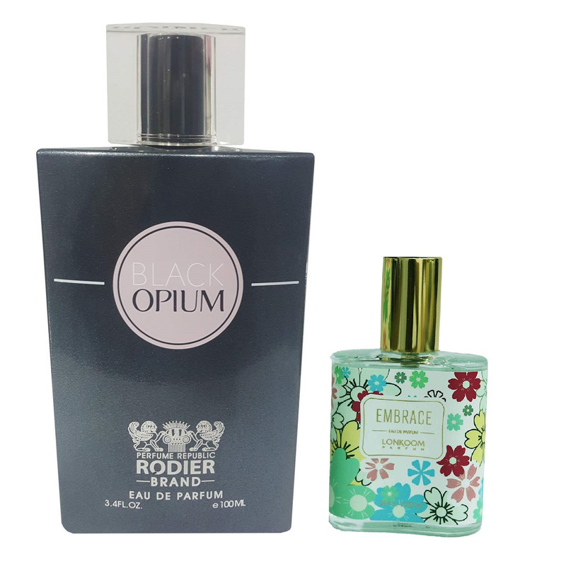 ادو پرفیوم زنانه رودیر مدل BLACK OPIUM حجم 100 میلی لیتر به همراه عطر جیبی لنکوم مدل EMBRACE حجم 25 میلی لیتر