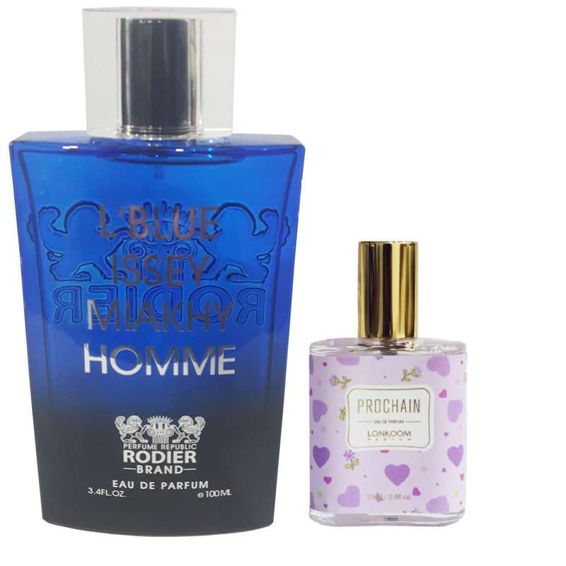 ادو پرفیوم مردانه رودیر مدل L'BLUE ISSY MIAKHY HOMME حجم 100 میلی‌لیتر به همراه عطر جیبی زنانه لنکوم مدل Prochain حجم 25 میلی لیتر