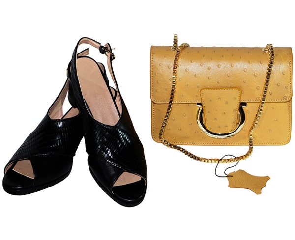 ست کیف و کفش زنانه چرم طبیعی شترمرغ و گاو دست دوز لمونو مدل حنانه کد KK02
