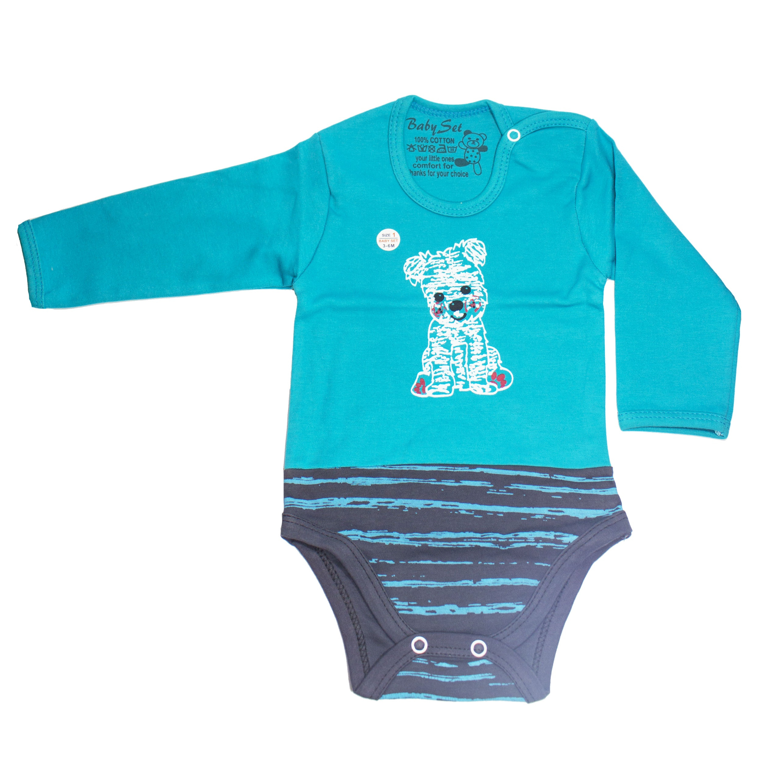 زیردکمه آستین بلند نوزادی طرح پاپی رنگ فیروزه ای