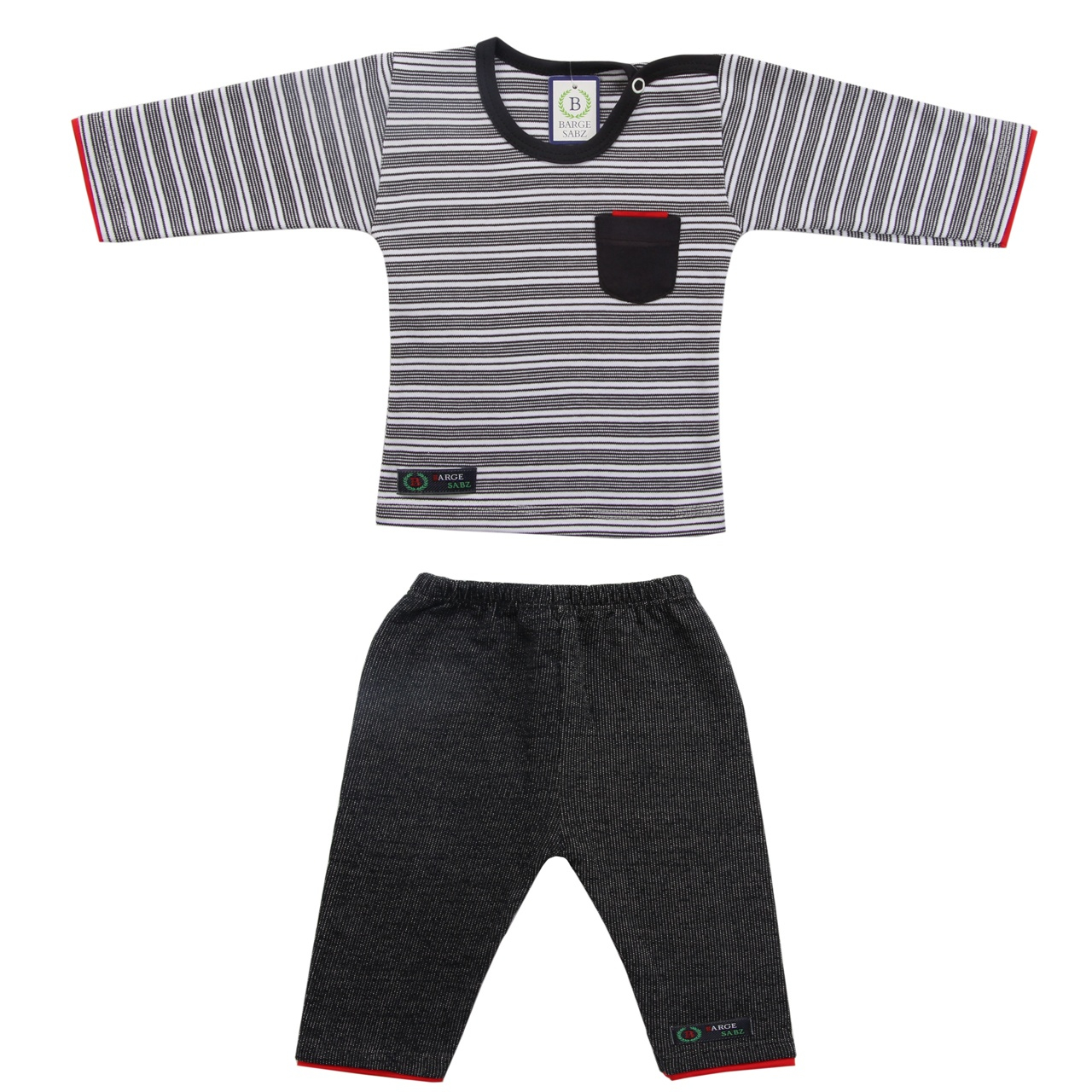 ست 2 تکه لباس پسرانه برگ سبز طرح راه راه رنگ نوک مدادی