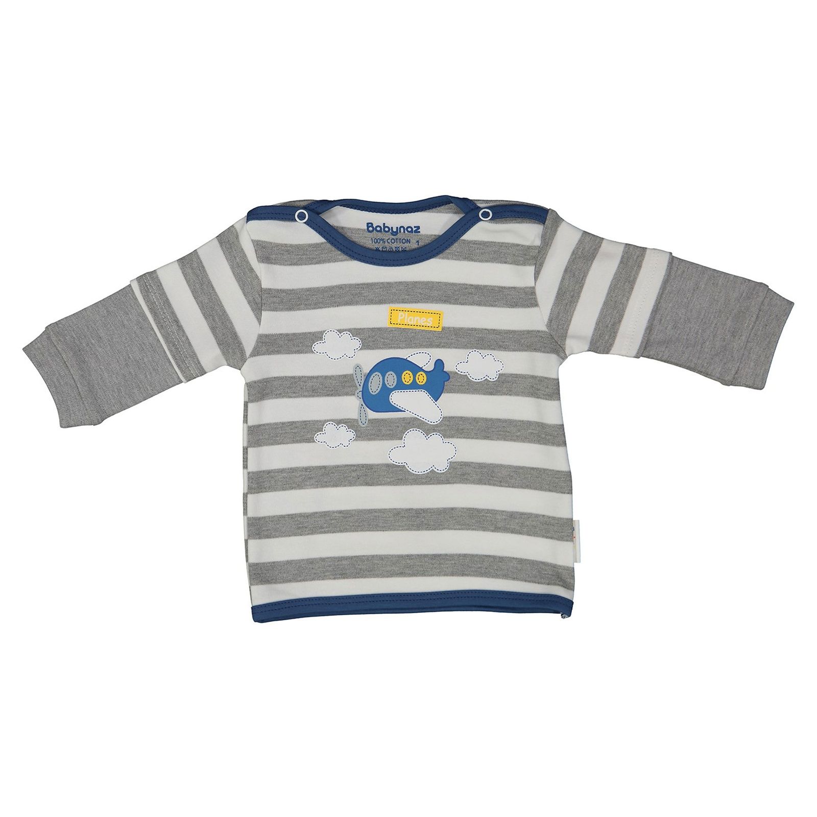 تی شرت نخی طرح دار نوزادی پسرانه - بی بی ناز - سفید-طوسی - 1