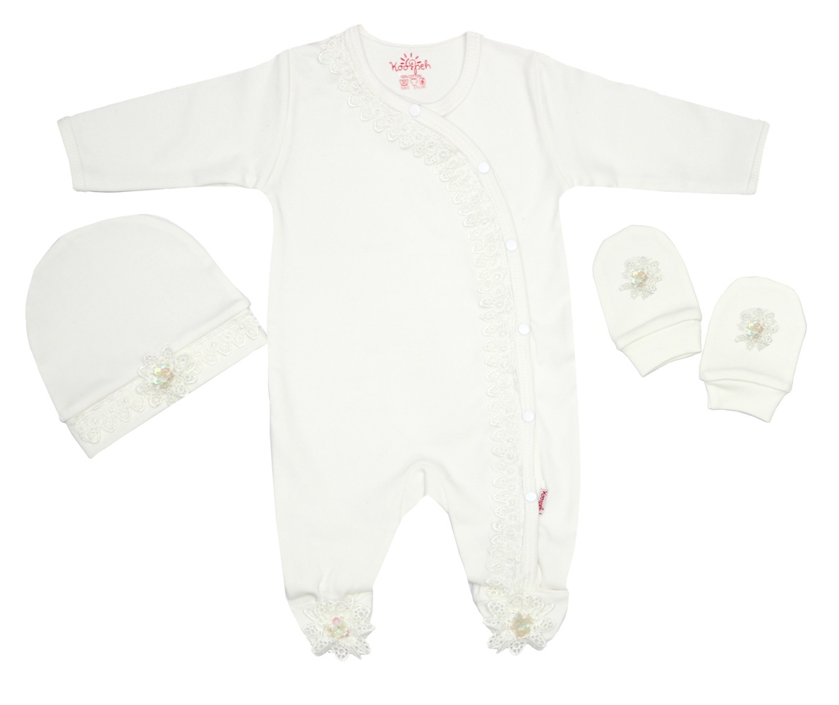 ست 3 تکه لباس نوزادی کورپه طرح سوگل رنگ شیری