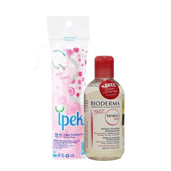 محلول پاک کننده آرایش صورت بایودرما مدل Sensibio H2O حجم 250 میلی لیتر به همراه پد ایپک مدل makyaj temizleme بسته 70 عددی