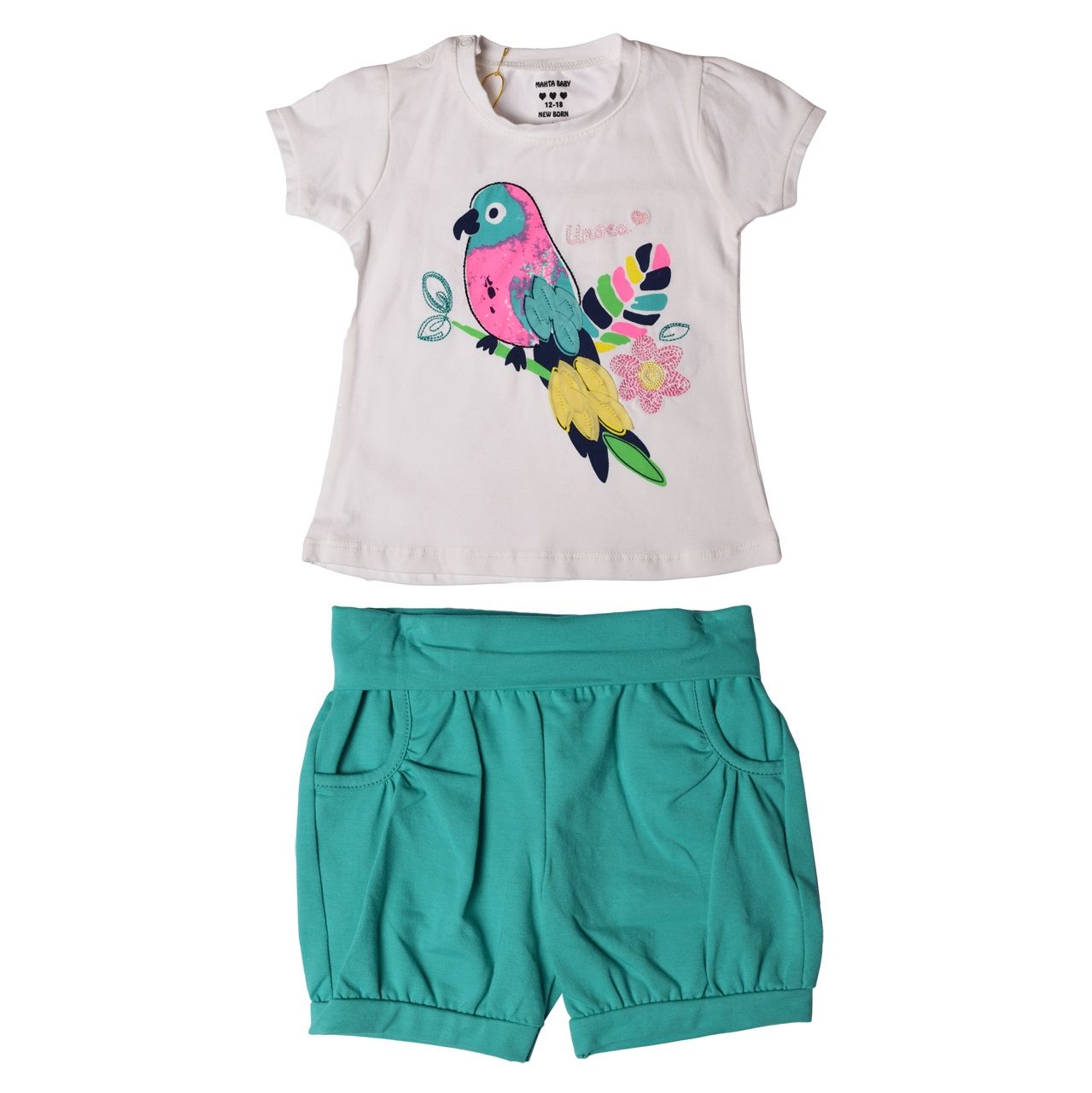 ست تی شرت و شلوارک نوزادی دخترانه طرح طوطی کد 000