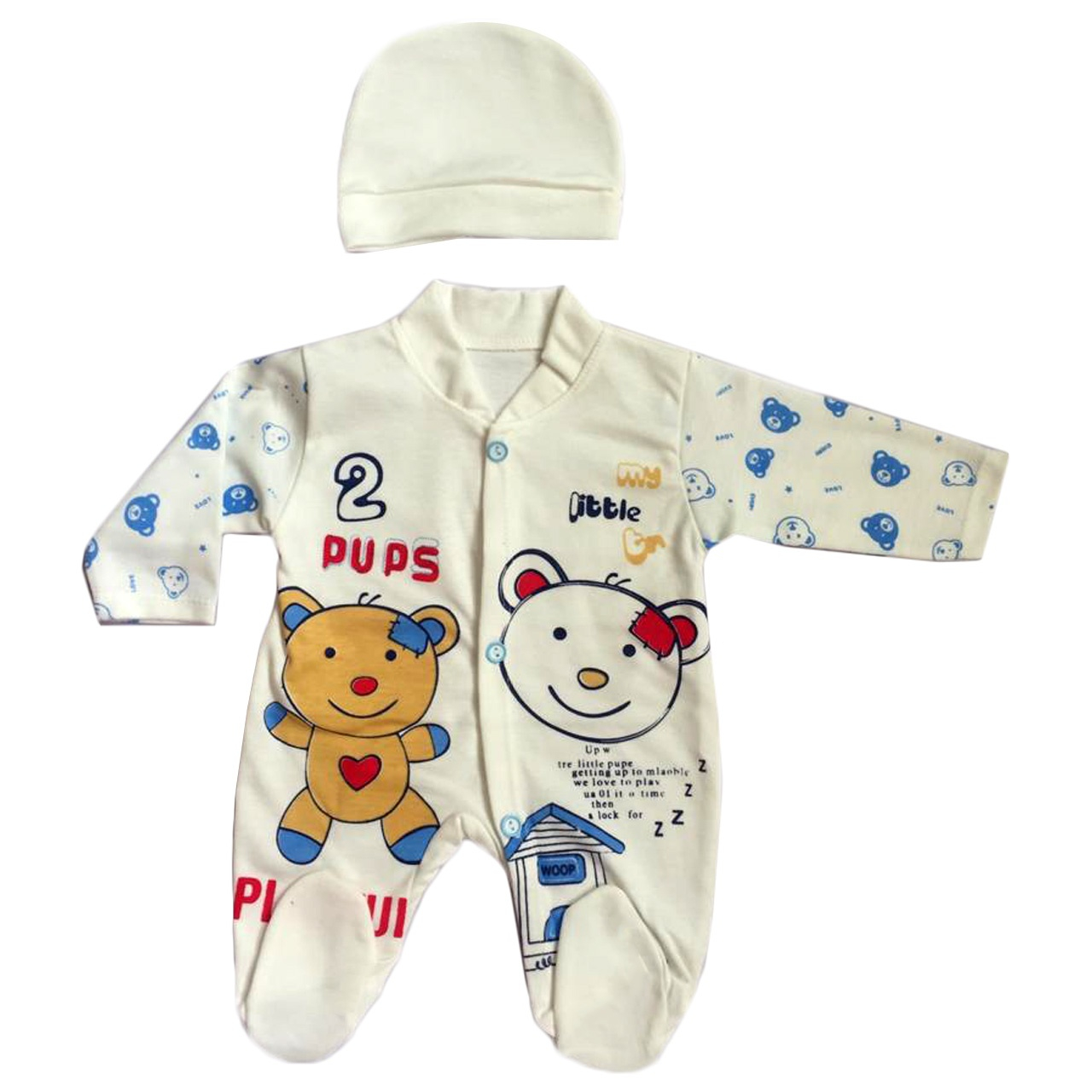 ست سرهمی و کلاه نوزادی طرح pups کد 02