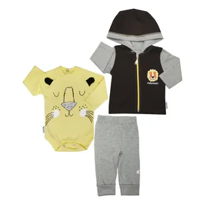 ست 3 تکه لباس نوزاد آدمک طرح شیر کوچولو رنگ لیمویی