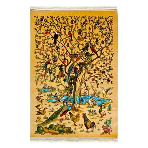فرش ماشینی 1700 شانه ابریشم گونه زمینه و حاشیه کرم طرح درختی کد M01174 