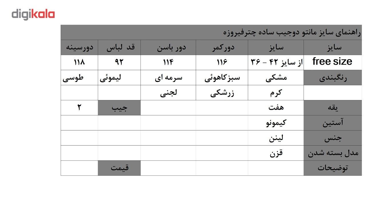 مانتو زنانه چترفیروزه مدل الهه دوجیب ساده کد 10 -  - 2