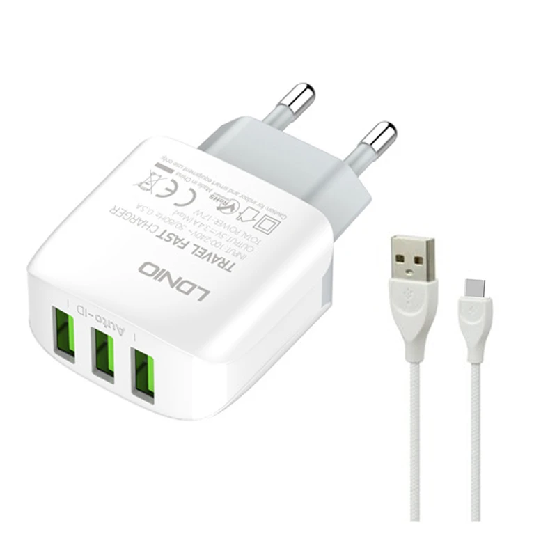 شارژر LDNIO 3 USB With Type-C cable Fast Wall Charger A3312