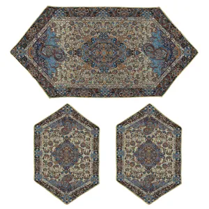 ست 3 تکه رومیزی ترمه مدل پرستو کد BLUGLD3.3