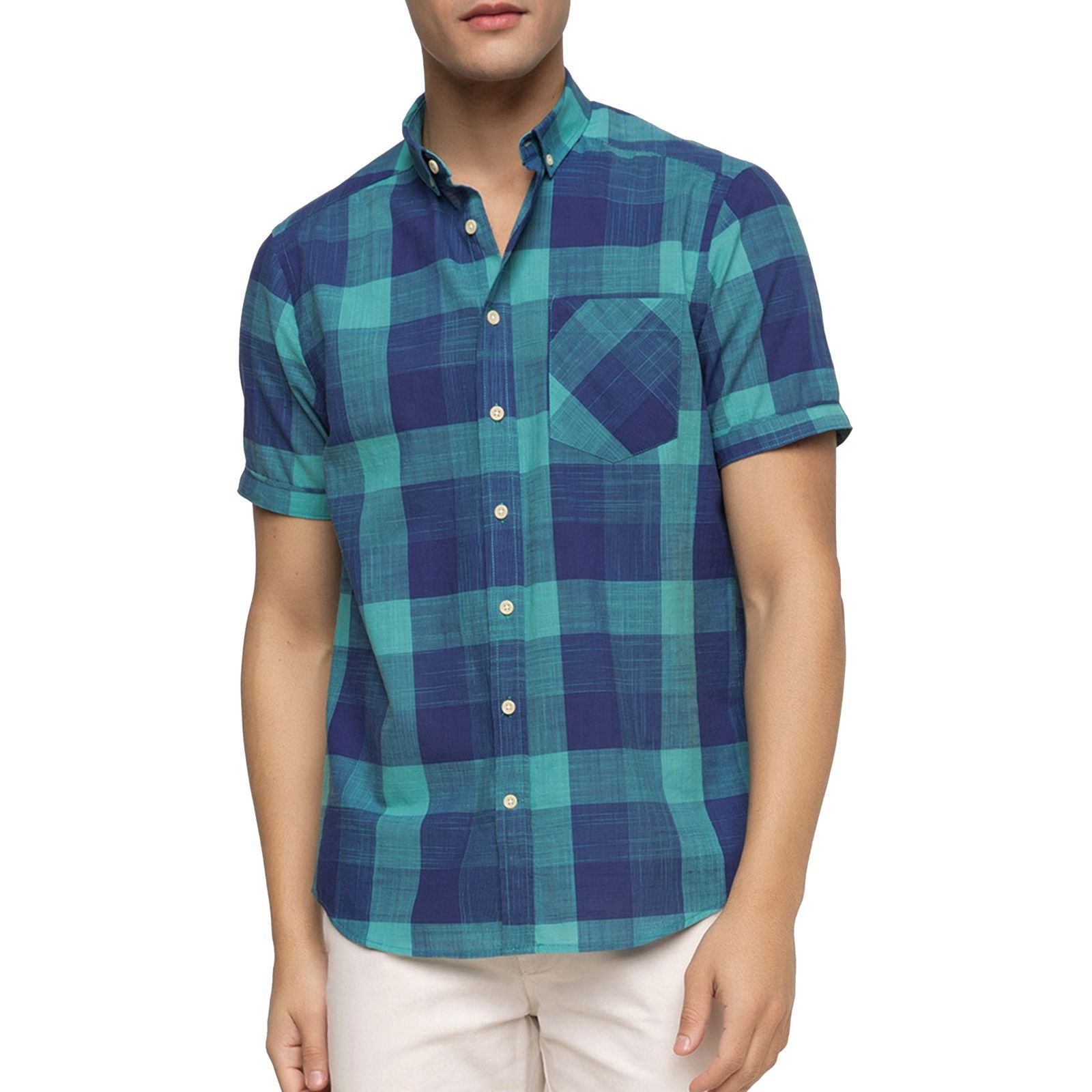 پیراهن نخی آستین کوتاه مردانه - دفکتو - آبي و سبز آبي - 1