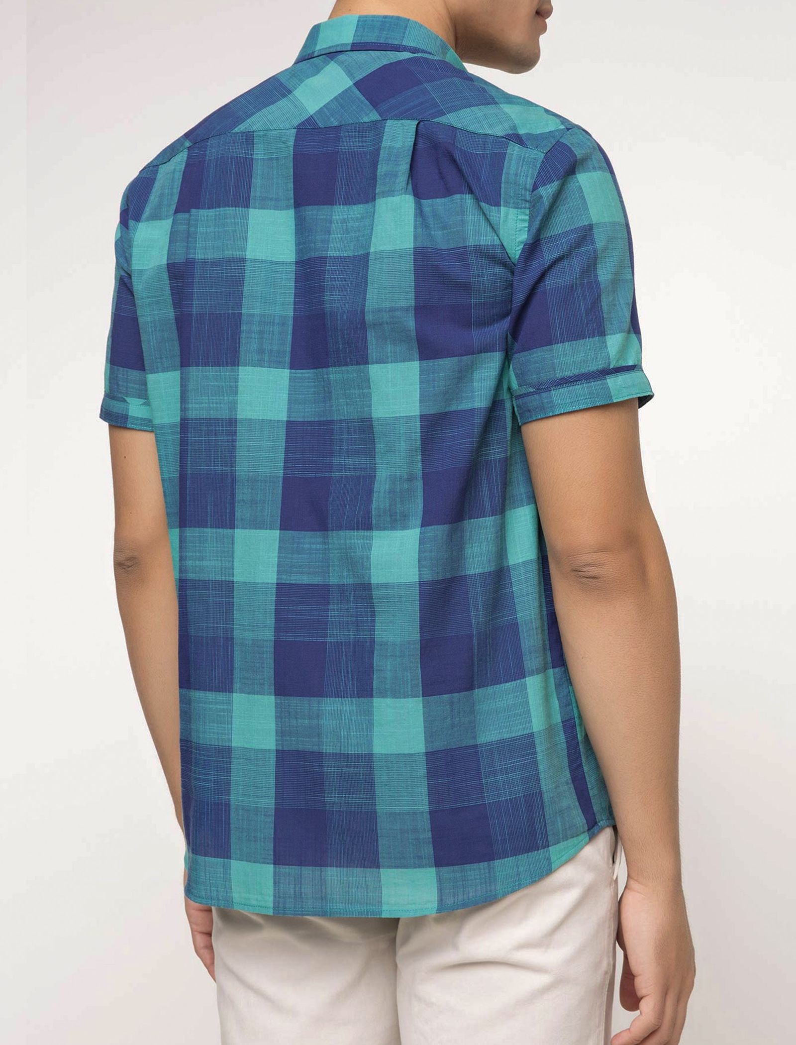 پیراهن نخی آستین کوتاه مردانه - دفکتو - آبي و سبز آبي - 3