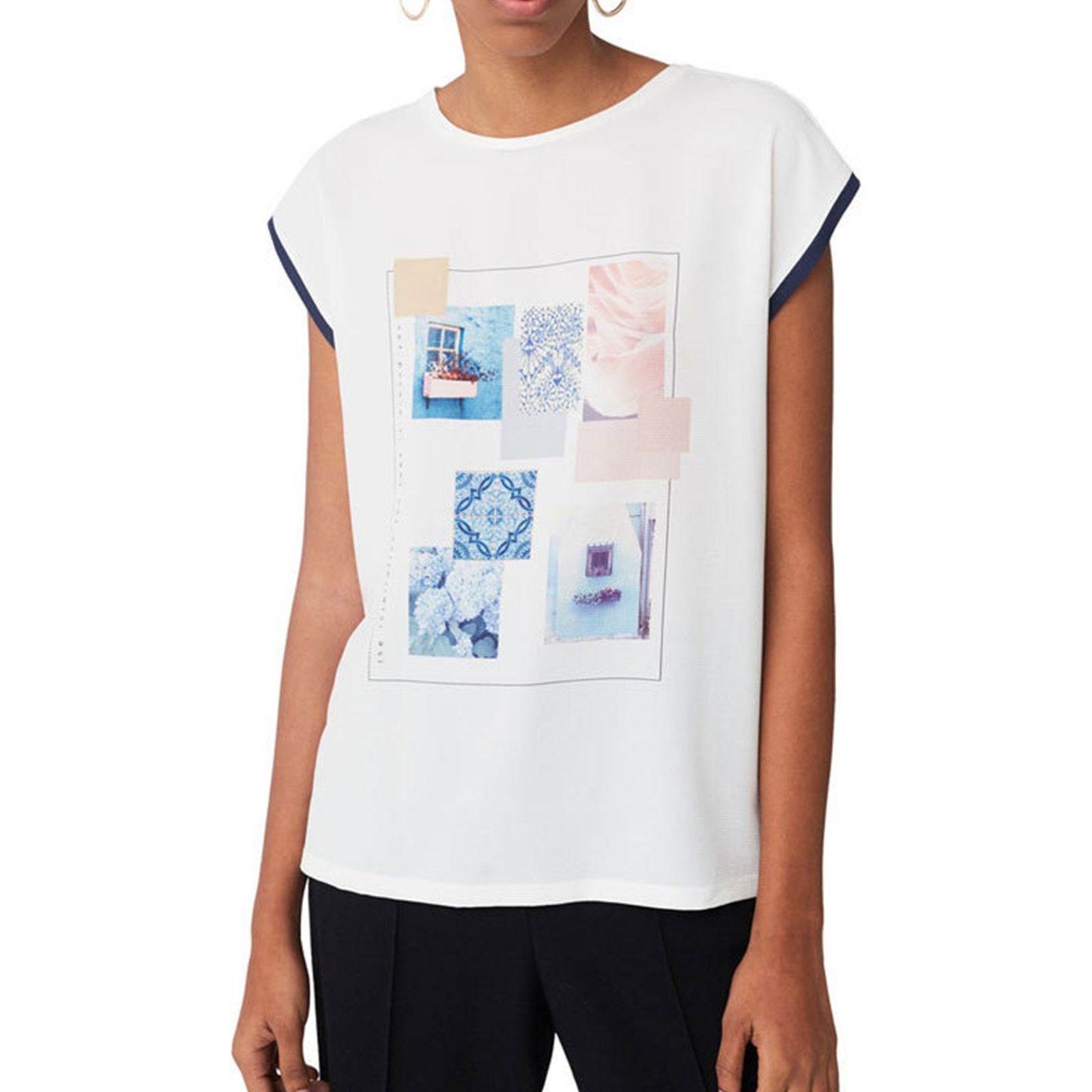 تی شرت ویسکوز یقه گرد زنانه - مانگو - سفيد و آبي - 3