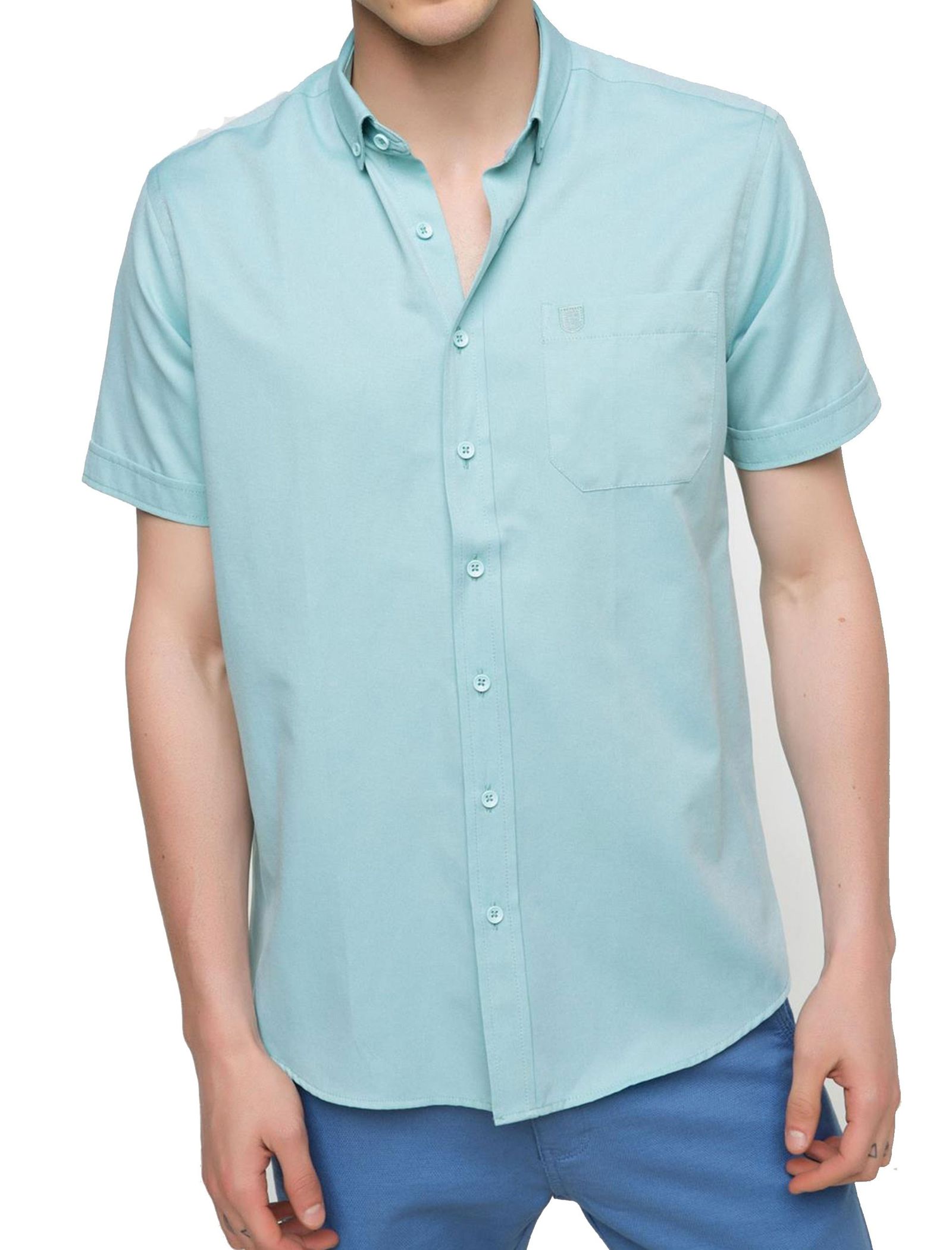 پیراهن نخی آستین کوتاه مردانه - دفکتو - سبز آبي روشن - 5