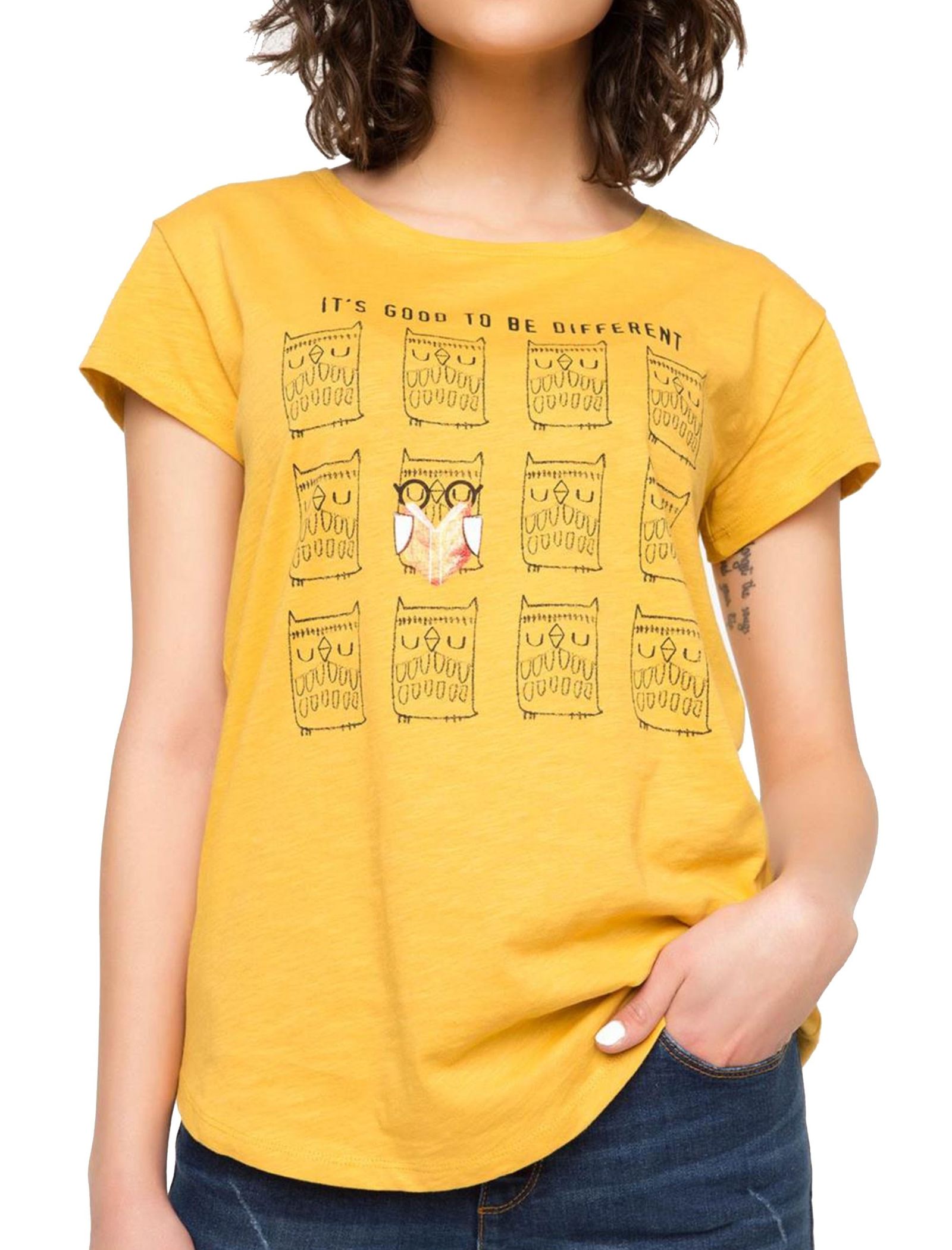 تی شرت نخی یقه گرد زنانه - دفکتو - زرد - 1