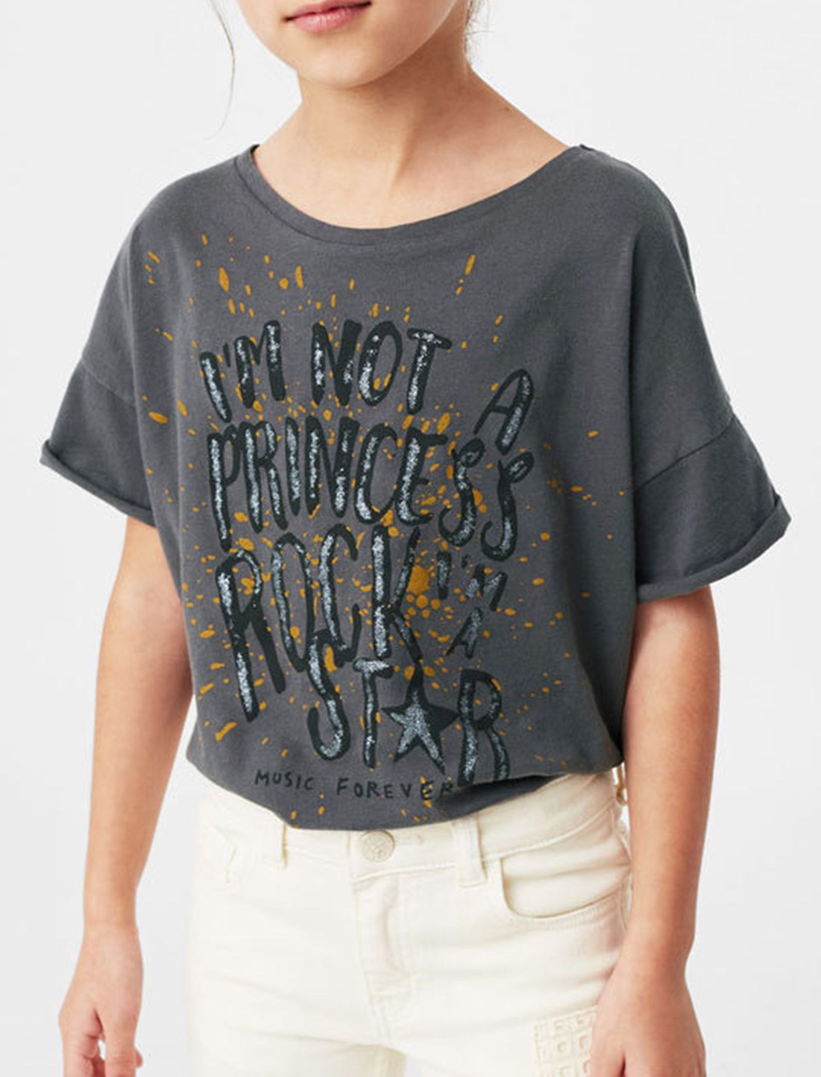 تی شرت نخی یقه گرد دخترانه - مانگو - زغالي - 4