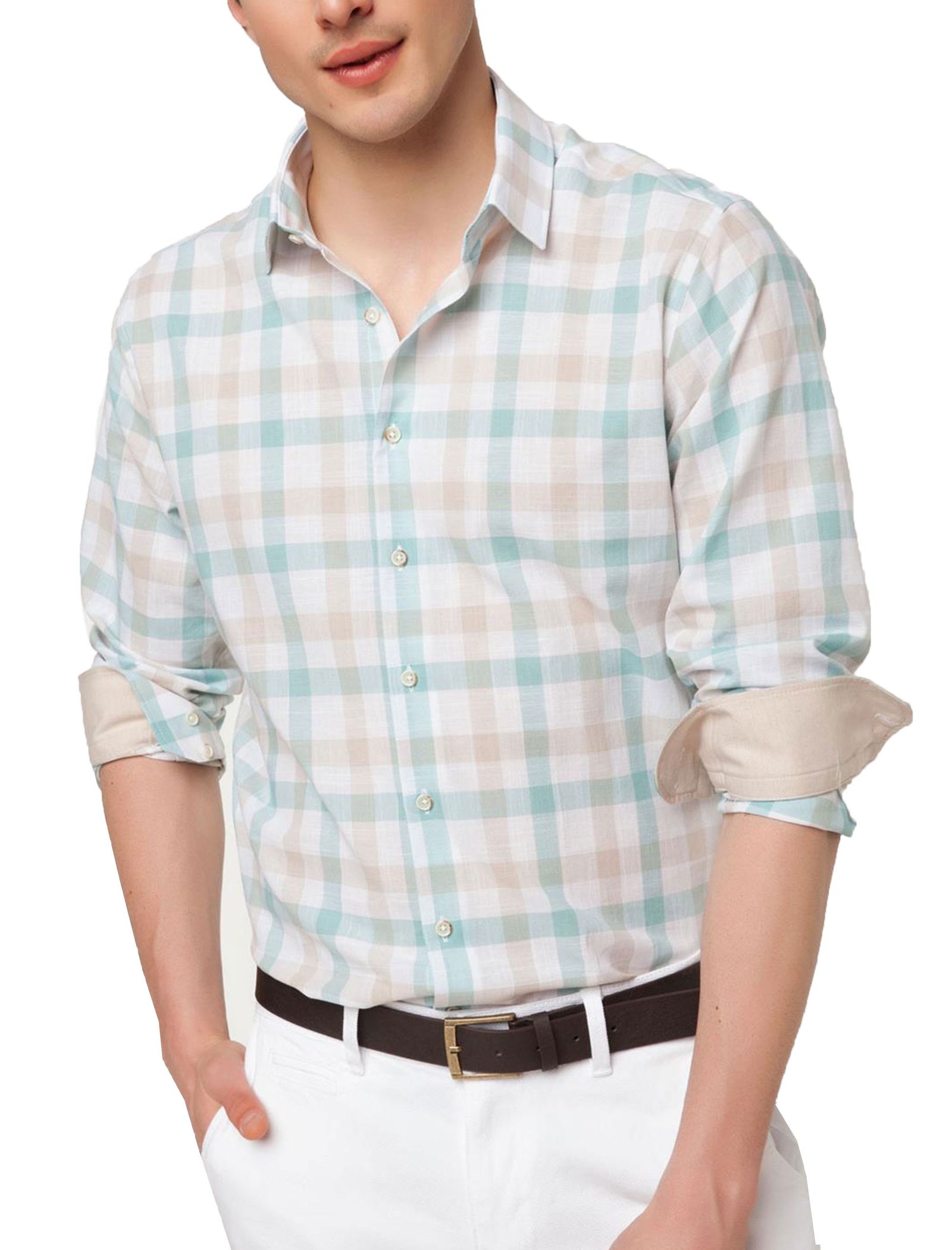 پیراهن نخی آستین بلند مردانه - دفکتو - سبز آبي و کرم - 1