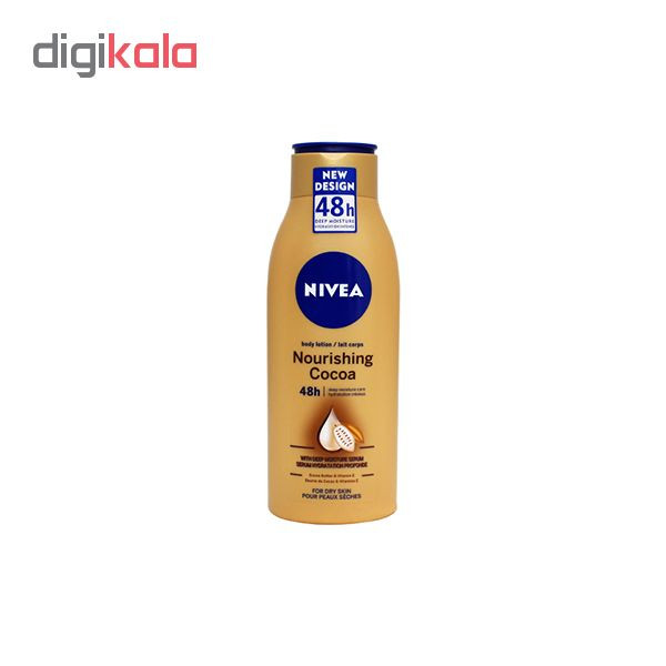 لوسیون بدن نیوآ مدل Nourishing Cocoa حجم 400 میلی‌لیتر، حاوی کره کاکائو و ویتامین E، مناسب پوست خشک و حساس، مرطوب‌کننده و نرم‌کننده پوست تا 48 ساعت