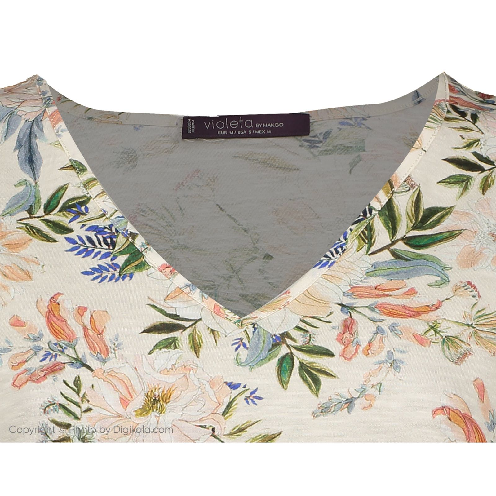 تی شرت نخی یقه هفت زنانه - ویولتا بای مانگو - سفید گل دار - 5