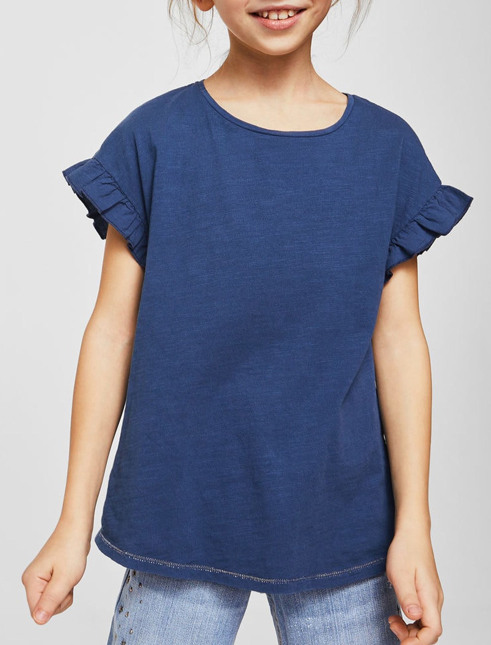 تی شرت نخی یقه گرد دخترانه - مانگو - سرمه اي - 5