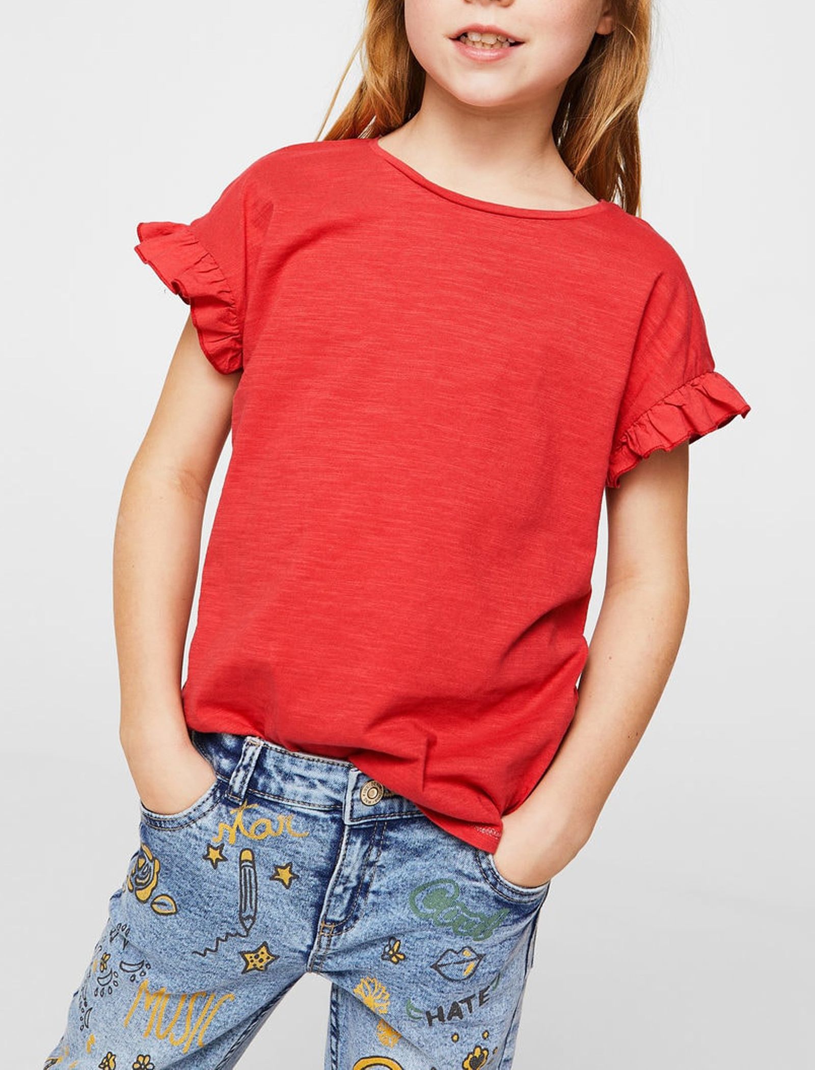 تی شرت نخی یقه گرد دخترانه - مانگو - قرمز - 4