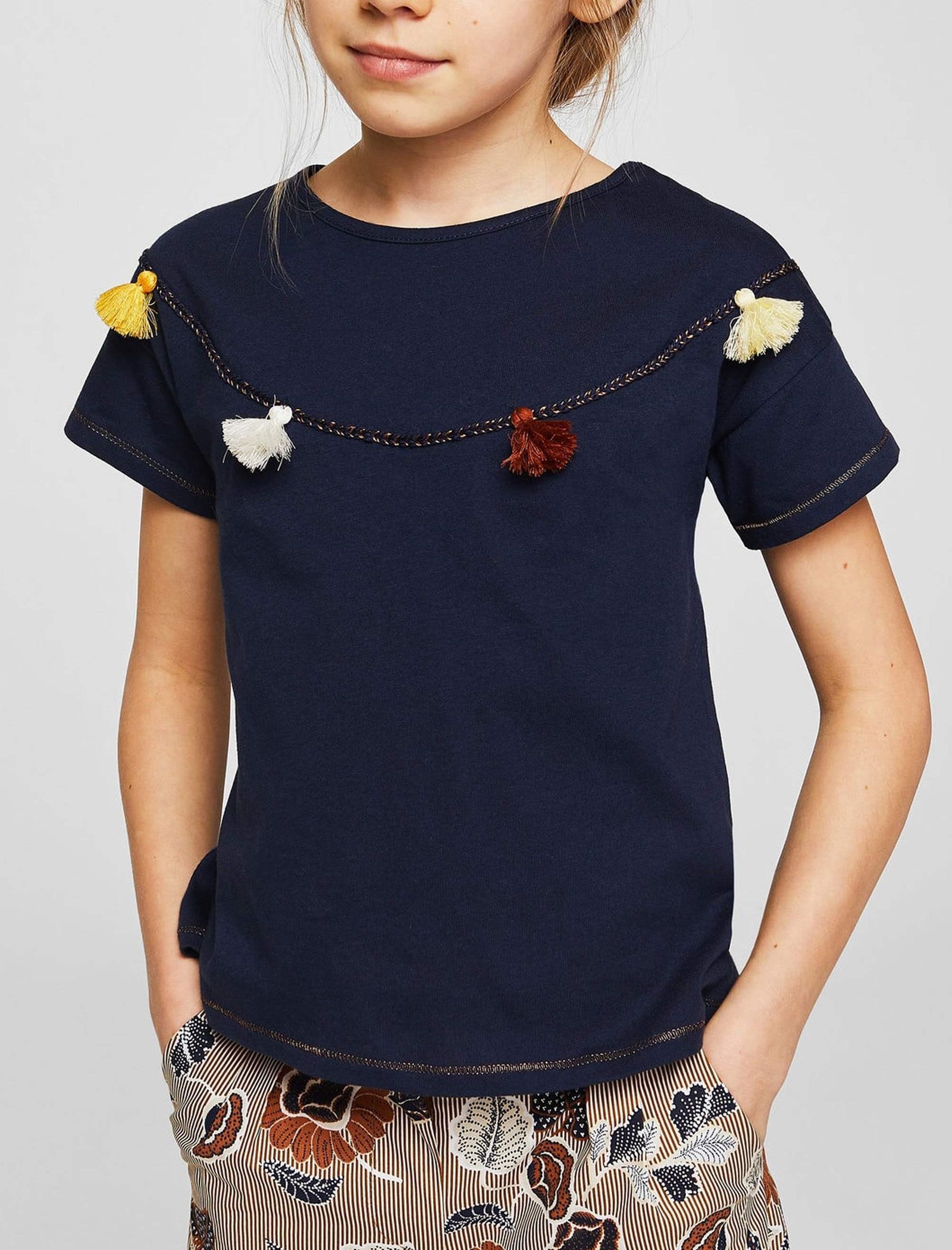 تی شرت نخی یقه گرد دخترانه - مانگو - سرمه اي - 4