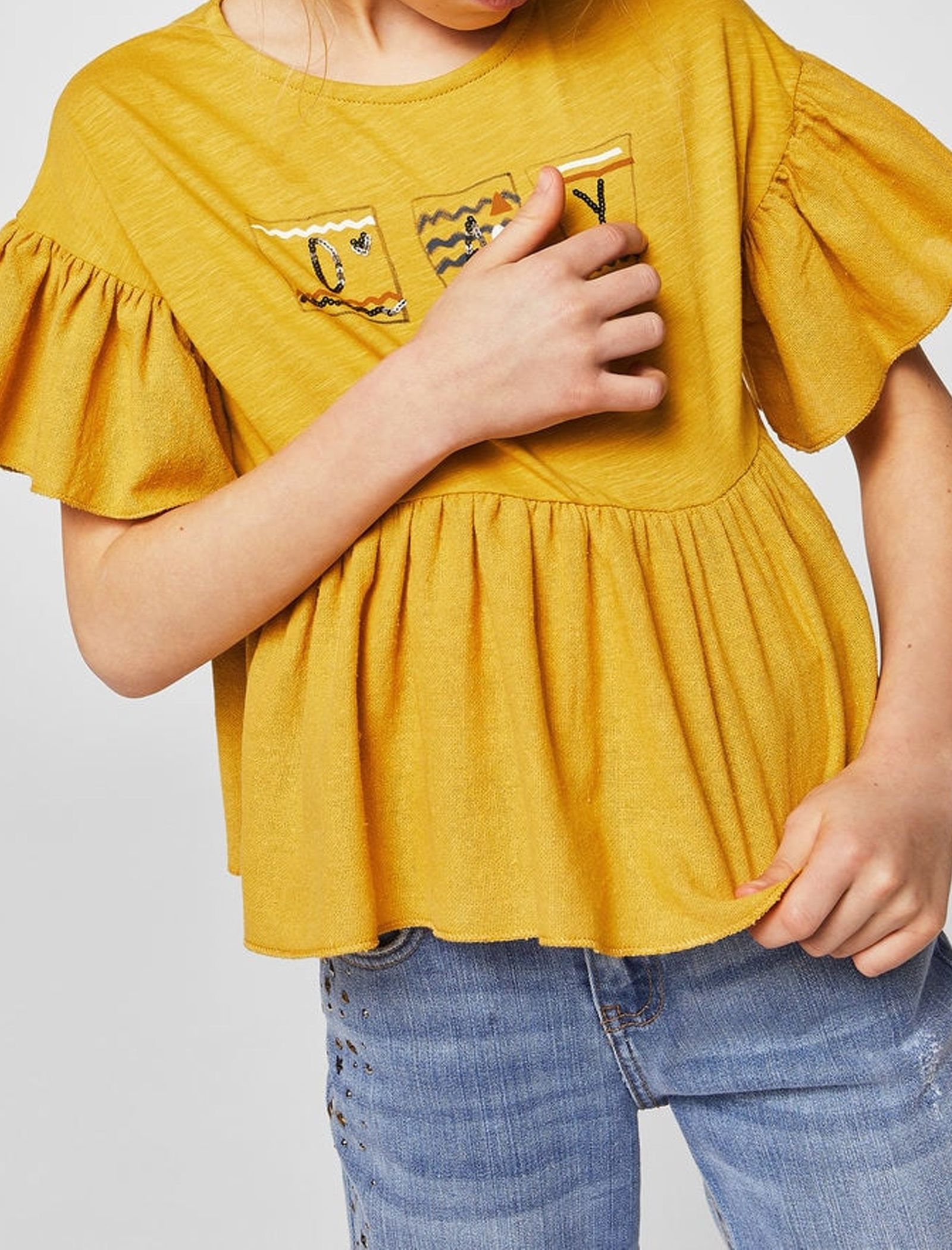 تی شرت نخی یقه گرد دخترانه - مانگو - زرد - 4