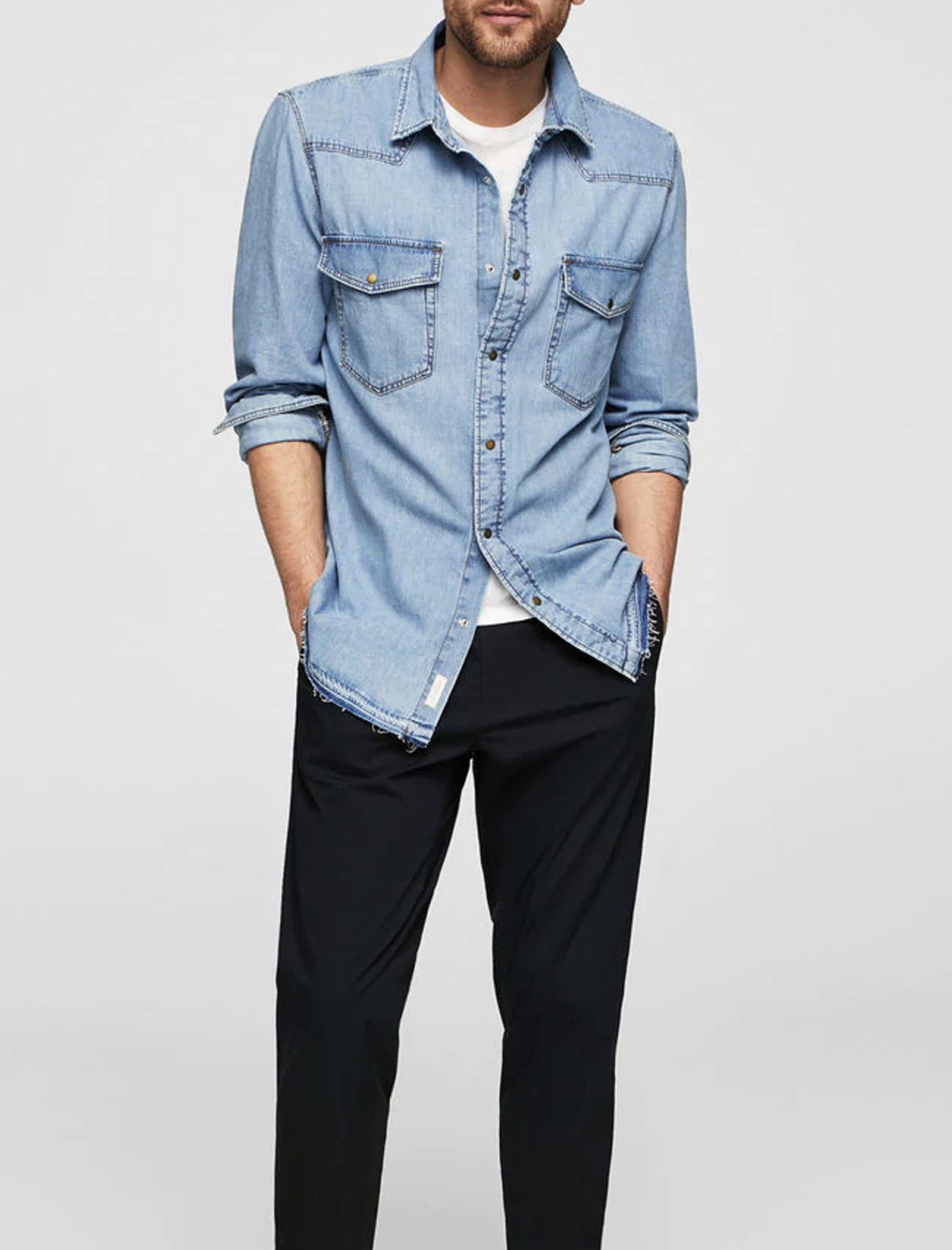 پیراهن جین آستین بلند مردانه - مانگو - آبي  - 3