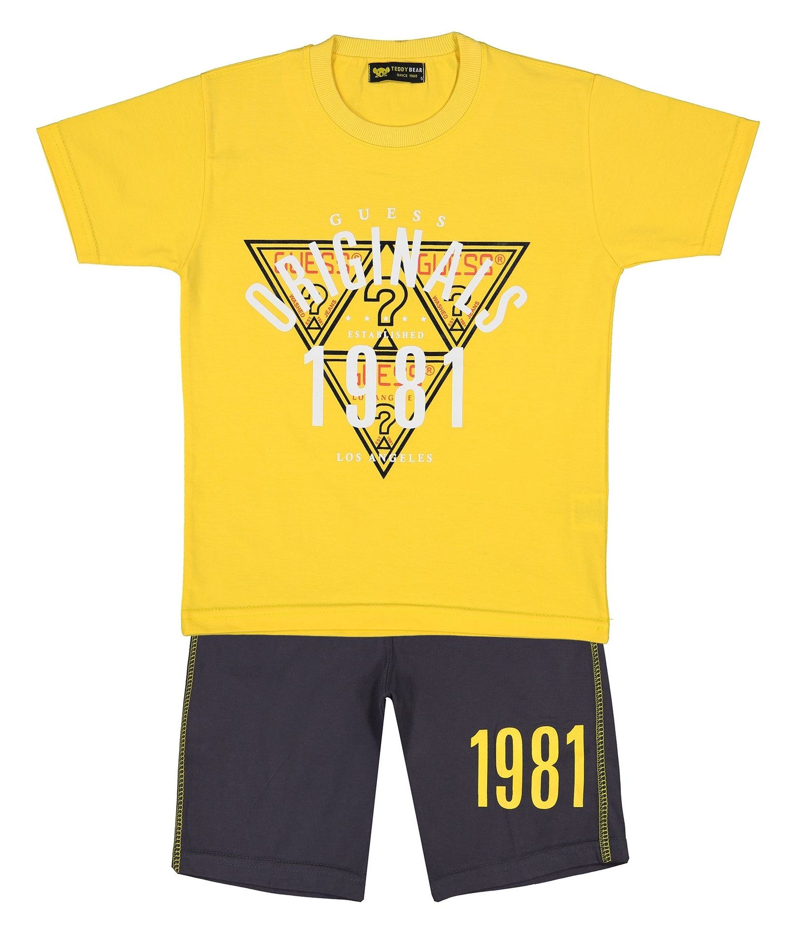 تی شرت و شلوارک نخی پسرانه 1981 - خرس کوچولو - زرد / سرمه اي - 1