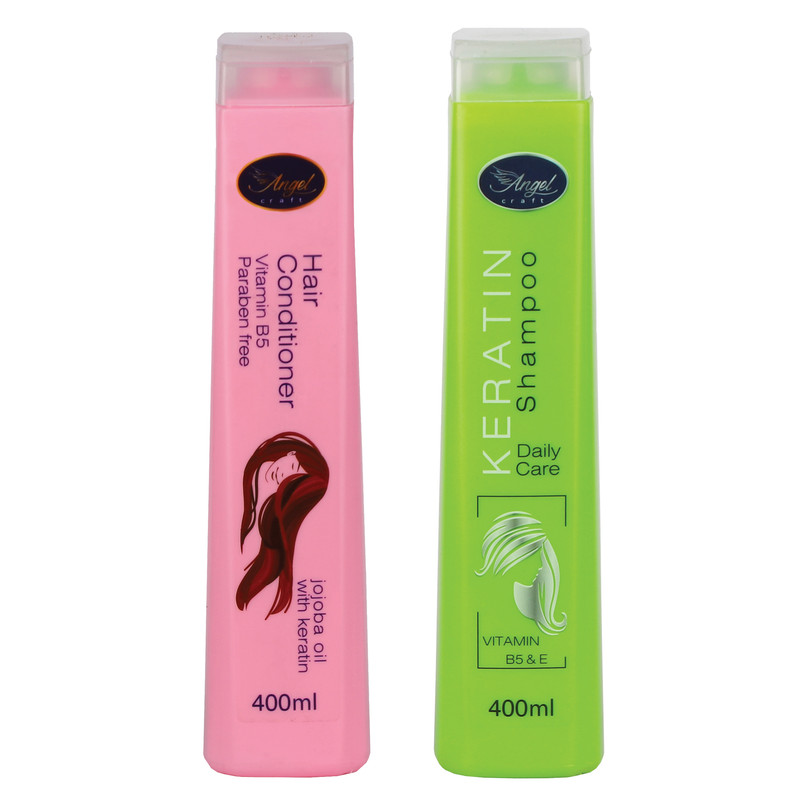 شامپو مو انجل کرفت مدل KERATIN حجم 400 میلی لیتر به همراه نرم کننده مو مدل KERATIN & JOJOBA OIL حجم 400 میلی لیتر