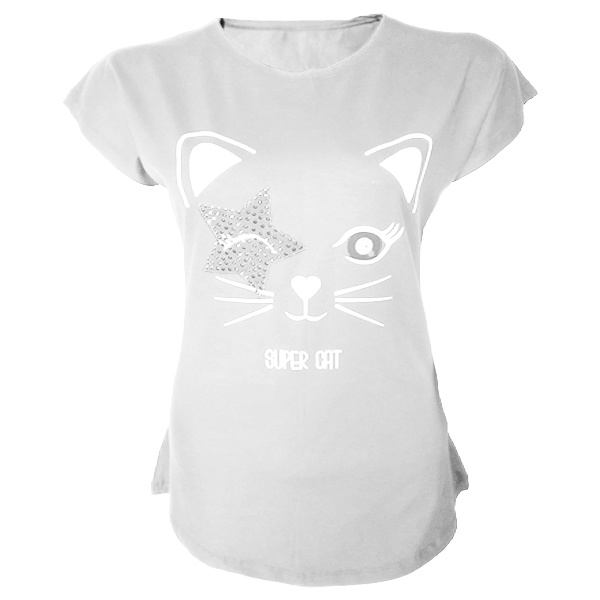 تیشرت آستین کوتاه زنانه طرح گربه و ستاره کد tm-302 رنگ سفید